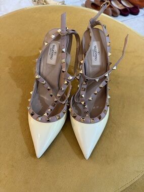 Valentino Two-Tone Rockstud Pointed Slingback Pumps in White and Nude